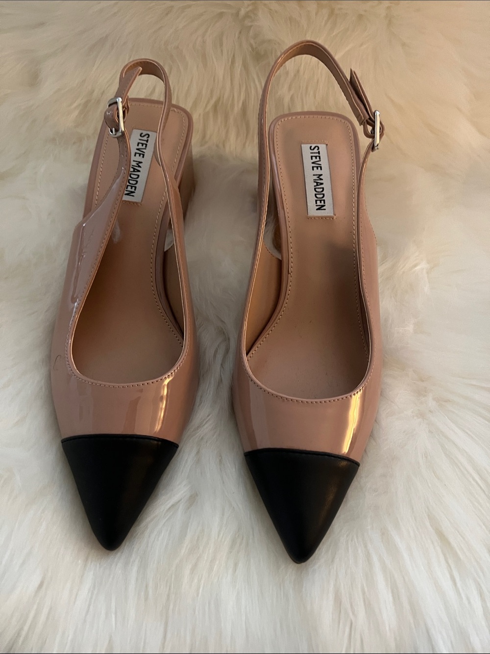Steve Madden Blush Patent Slingback Pumps with Black Cap Toe
